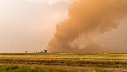 View of a massive dust devil sweeping across flat farmland during the day