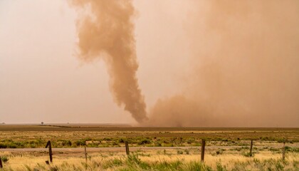 View of a massive dust devil sweeping across flat farmland during the day