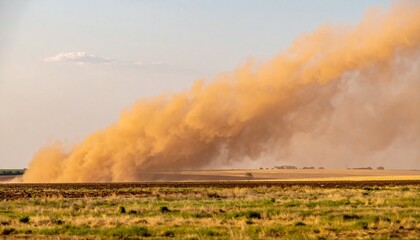View of a massive dust devil sweeping across flat farmland during the day
