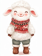 Fototapeta premium Charming Cute Cartoon Sheep Character: Adorable Winter Holiday Illustration with Fluffy Wool and Festive Scarf for Kids
