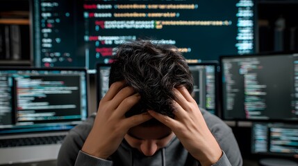 Programmer Stressed by Code: A male programmer looks overwhelmed while staring at three computer screens displaying complex code lines, showcasing the pressure of software development. 