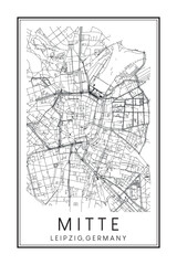 Obraz premium Hand drawn printable downtown road map poster of borough MITTE of the German city of LEIPZIG on solid white background with city name