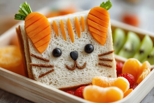 Creative cat-shaped sandwich with carrot decorations and fresh fruits, a delightful and nutritious lunchbox idea for kids, promoting healthy eating habits and culinary fun.