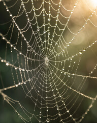 Naklejka premium Candid Close-Up of Dew-Covered Spider Web with Ethereal Bokeh