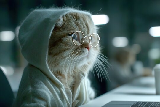 A ginger cat with glasses wearing a white hoodie staring intently at a laptop screen, showcasing modern feline sophistication and digital era adaptation.