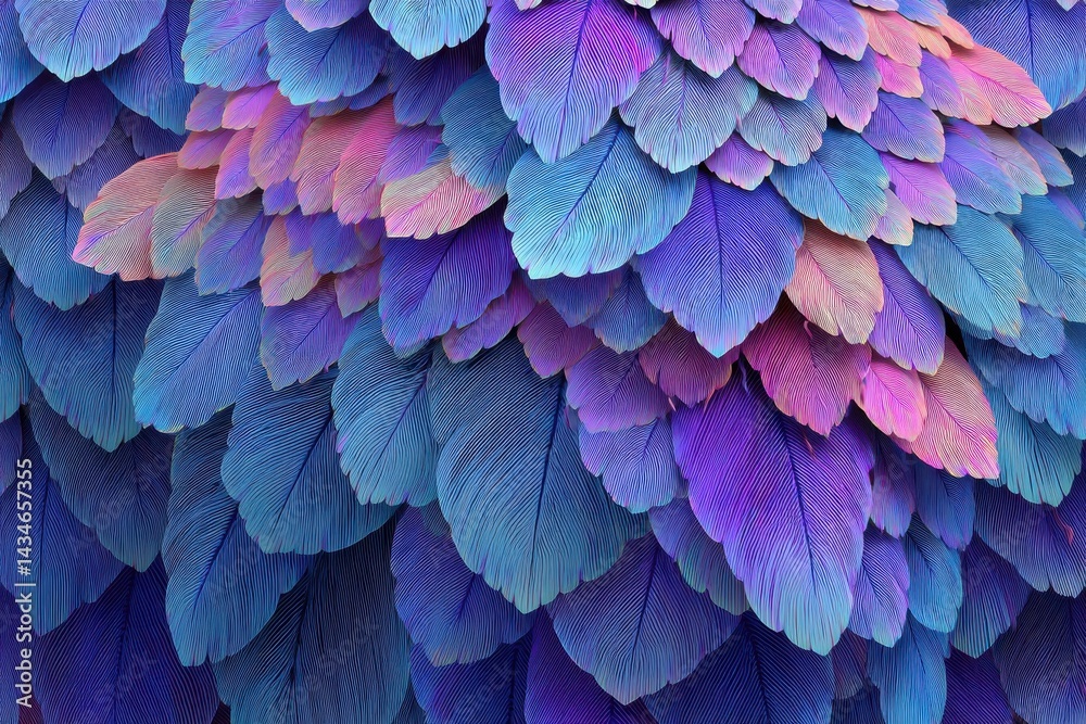 Poster an abstract, eye-catching pattern of layered feathers with a gradient color scheme, transitioning fr