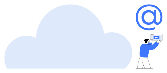 Large cloud, man holding a tablet with a video icon, and email symbol signify digital storage, communication, file sharing, online services, remote work, connectivity, simple landing page
