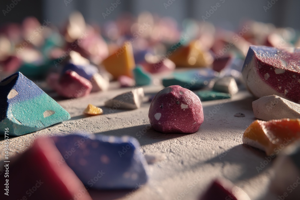 Poster a vibrant collection of colorful geometric shapes scattered on a textured surface, creating an abstr