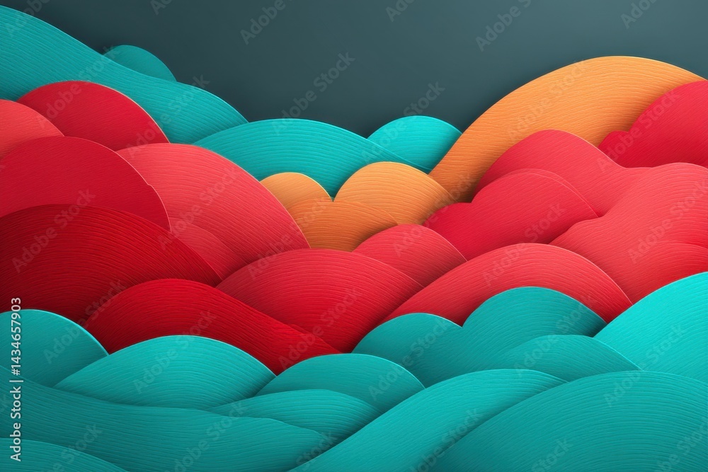 Poster abstract background with layered paper art in red, teal, and orange colors, creating a textured and 