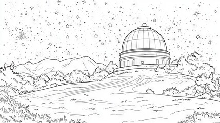 Dreamy Observatory Landscape Coloring Page for Relaxation and Fun