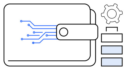 Wallet design with circuit lines, gear, and organizational elements. Ideal for fintech, blockchain, online payment, automation, technology innovation digital security concepts. Flat simple metaphor