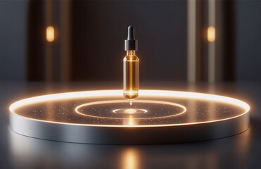 Obraz premium Golden dropper bottle stands elegantly on a luminous circular platform. Product presentation with soft lighting and reflective surfaces creates a sophisticated and modern feel.