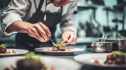 Chef Plates Exquisite Dish: Capturing the meticulous craftsmanship of a chef in a professional kitchen, carefully arranging a gourmet plate with precision and artistry.
