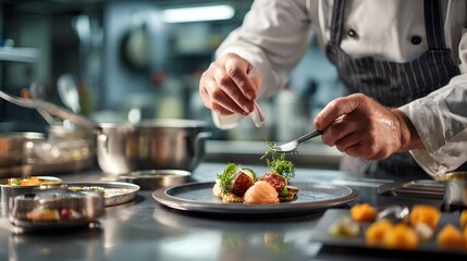 Culinary Masterpiece: A skilled chef meticulously garnishes a gourmet plate, showcasing the art of fine dining in a professional kitchen environment.