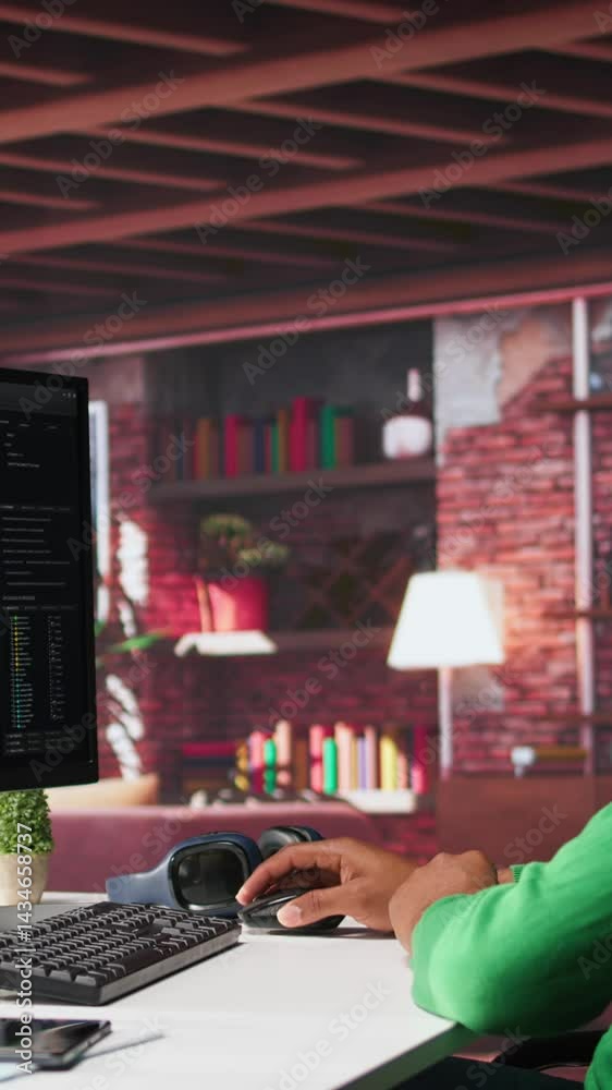 Poster Vertical Video African american man looks at notes on terminal window for visual programming, typing code on software at his home office. Coding application UI used by engineer writing and testing