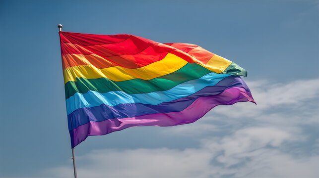 Rainbow Pride Flag: A vibrant rainbow pride flag billows in the wind against a bright blue sky, symbolizing LGBTQ+ pride, acceptance, and diversity. - Powered by Adobe