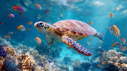 Fototapeta premium Sea Turtle in Coral Reef: A majestic sea turtle glides gracefully through a vibrant coral reef, surrounded by a kaleidoscope of colorful tropical fish.