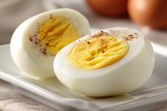 Two halves of a hard-boiled egg seasoned with paprika, placed on a white plate, a healthy protein-rich food for a balanced diet and a nutritious snack option.