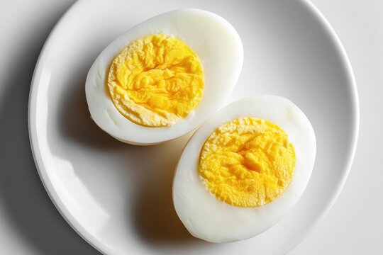 Close-up studio shot of two halved hard-boiled eggs, offering a simple, nutritious, and protein-rich food option against a bright background for healthy eating. - Powered by Adobe