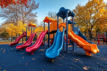 A colorful playground with multiple slides and fall foliage