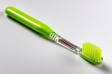Close-up of a green toothbrush with a transparent handle, highlighting the soft bristles, promoting oral hygiene, and dental health for a bright smile and healthy gums.