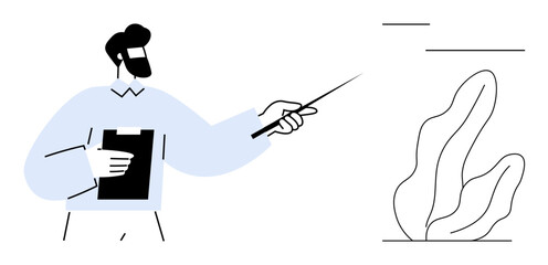 Man holding clipboard using pointer for a presentation. Ideal for education, training, analysis, coaching, corporate, communication, strategy, simple landing page