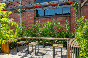 A cozy outdoor seating area with benches arranged under a simple pergola structure with climbing plants, surrounded by lush green shrubs creating a pleasant, modern garden atmosphere.