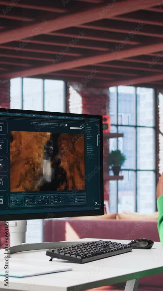 Fototapete Vertical Video Videographer editor creates AI art materials using text to video software, writing a text prompt on chatbot interface to generate a video with artificial intelligence. Visual design