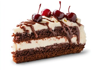 Chocolate cake slice with cherries, studio shot