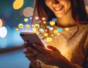 Primer Plano Detallado de un Teléfono Inteligente en Uso por una Mujer, con Emoticones Coloridos y Expresivos Saltando de la Pantalla, Capturando un Momento de Interacción Digital