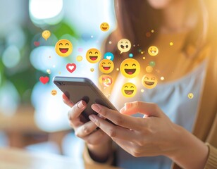 Primer Plano Detallado de un Teléfono Inteligente en Uso por una Mujer, con Emoticones Coloridos y Expresivos Saltando de la Pantalla, Capturando un Momento de Interacción Digital