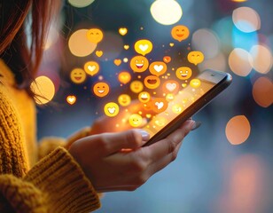 Primer Plano Detallado de un Teléfono Inteligente en Uso por una Mujer, con Emoticones Coloridos y Expresivos Saltando de la Pantalla, Capturando un Momento de Interacción Digital
