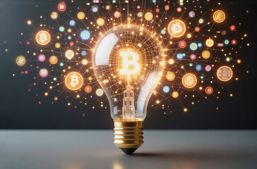 A glowing lightbulb illuminates, radiating cryptocurrency symbols.  This symbolizes innovation and the bright future of digital finance.