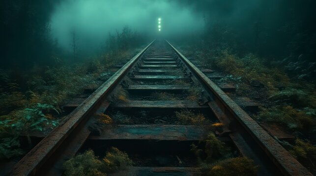 Abandoned Railway Tracks Leading into a Mysterious Foggy Horizon with Glowing Lights