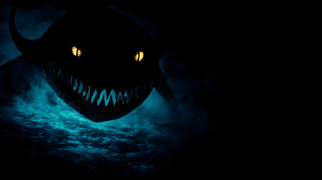 Enigmatic Depths: A shadowy sea creature with piercing eyes emerges from the inky blackness of the ocean, its menacing grin hinting at untold secrets within the deep sea. A sense of mystery.