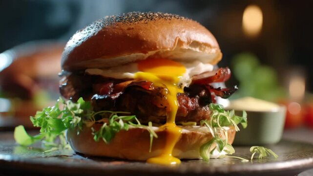Slowly circling camera around loaded burger with egg yolk and bacon
