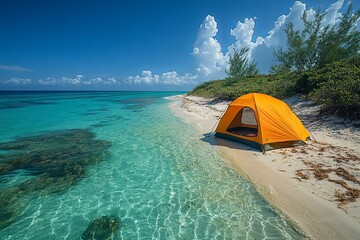 An orange tent sits by a tranquil tropical ocean shoreline