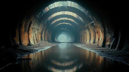 Naklejka premium Abandoned Tunnel with Reflective Water and Rusty Walls Atmospheric Underground Scene for Myste