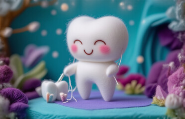 A cheerful tooth character with rosy cheeks is flossing a smaller tooth, the adorable scene is set amidst colorful fantasy flowers.