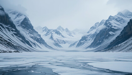 Vast, frozen alpine lake framed by towering, snow-capped mountains on a cold, winter day.  The scene is serene and breathtaking.