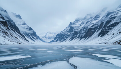 Tranquil winter landscape of a frozen lake surrounded by high, snow-capped mountains.