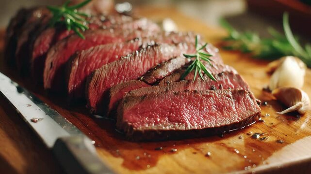 Camera rotating over juicy beef slices with rosemary on wooden board