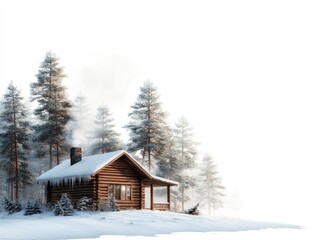 Snowy log cabin in winter forest
