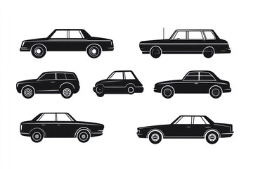 Obraz premium Classic car silhouettes, side view, white background, transportation icons