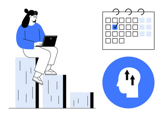 Woman seated on bar chart with laptop beside a calendar and focus head icon. Ideal for productivity, planning, goal tracking, business growth, statistics, time management, personal development. Flat