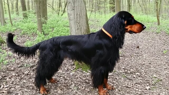Elegant Gordon Setter standing alert in a wooded area with dappled sunlight and a bed of dry leaves, wearing an orange collar.