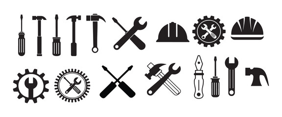 Technical Set of Gear, Wrench, and Tool Symbols in Minimalist Black & White Vector Style Art & Illustration