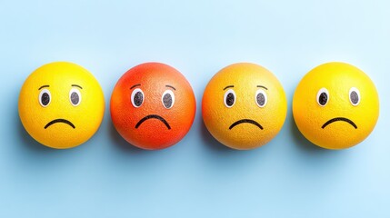 Sad Emojis Yellow and Orange Textured Spheres on Blue Background