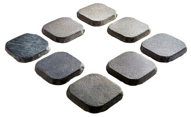 arranged of stepping garden stones in rounded square shape isolated on white background