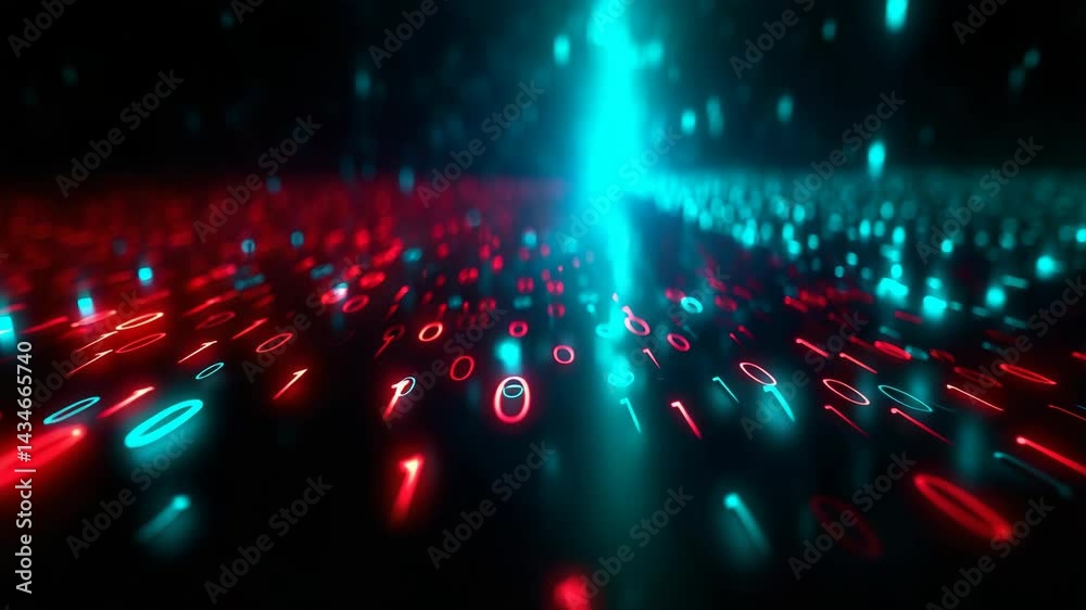 Wall mural binary code stream background with glowing ones and zeros, digital technology concept with perspecti